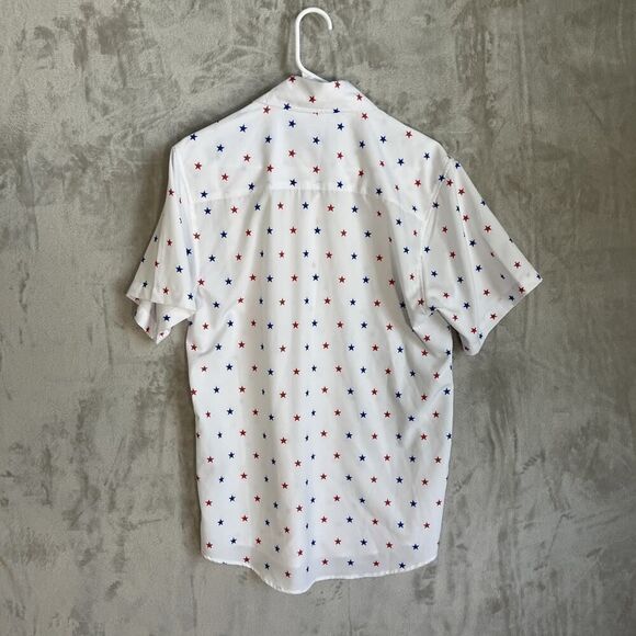 DIXXON Mens S Star Print Red White & Blue Casual Performance Button Down Shirt - Picture 3 of 6